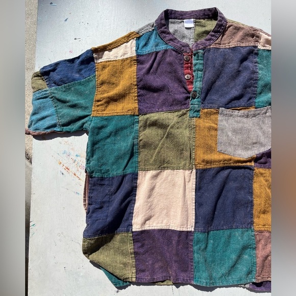 Men's Nepal Shirt Multicolor Patchwork L/XL India Hippie Yoga Namaste Spiritual - Picture 4 of 13